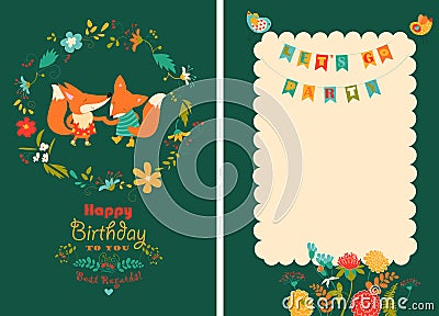 Happy birthday card with cute foxes in wreath Vector Illustration