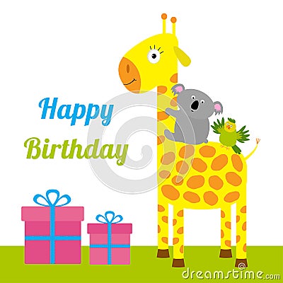 Happy Birthday card with cute giraffe, koala and parrot. Giftbox set Baby background Flat design Vector Illustration