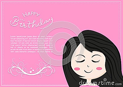 Happy birthday card with cute girl smiles cartoon character, lettering of kids and children romantic calligraphy, celebration Vector Illustration