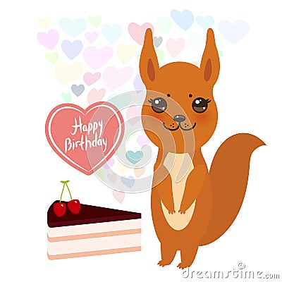 Happy birthday Card cute kawaii squirrel with cake, balloon in the shape of heart, pastel colors on white background. Card design. Vector Illustration