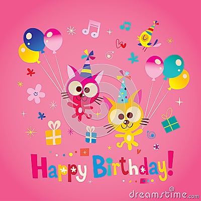 Happy birthday card with cute kittens Vector Illustration