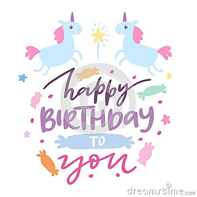 Happy birthday card with cute unicorns baby showel vector cartoon illustration. Fairytale fantasy template for birthdays Vector Illustration