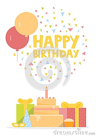 Happy Birthday Card Design with ballons, confetti, cake and gift box. Vector illustration Cartoon Illustration