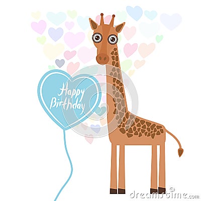 Happy birthday Card design cute kawaii giraffe with balloon in the shape of heart, pastel colors on white background. Vector Vector Illustration