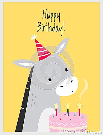 Happy Birthday Card with Donkey in Hat as Farm Animal and Cake with Candles as Holiday Greeting and Congratulation Vector Illustration