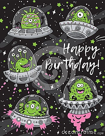 Happy birthday card with fantastic creatures monsters seamless pattern Vector Illustration