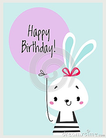 Happy Birthday Card with Farm Bunny Animal with Balloon as Holiday Greeting and Congratulation Vector Illustration Stock Photo