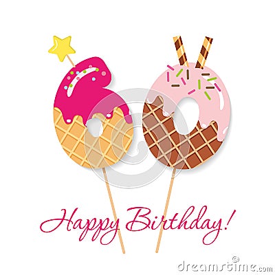 Happy Birthday card. Festive sweet numbers 60. Coctail straws. Funny decorative characters. Vector Vector Illustration