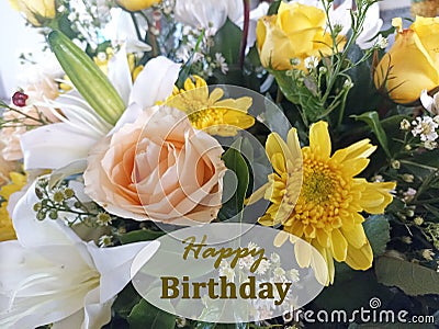 Happy Birthday card with flowers bouquet background. Birthday cards with text on floral backgrounds Stock Photo