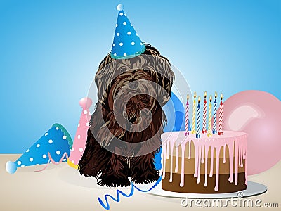 Happy birthday card with funny dog, cake, colorful balloons. Vector illustration Vector Illustration