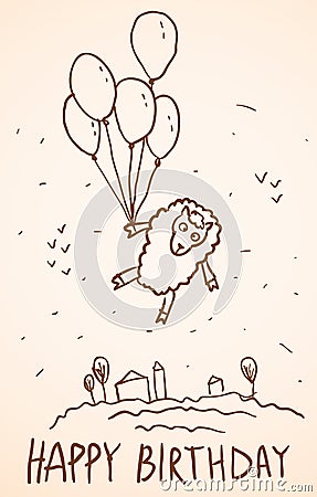 Happy birthday card. Funny sheep with balloons, Vector Illustration