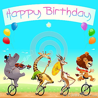 Happy Birthday card with funny wild animals on unicycles Vector Illustration