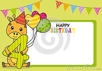 Happy birthday card. Giraffe with balloons and the number four. Vector Illustration