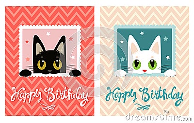 Happy Birthday Card. Happy Birthday Card With Cute Cat. Greeting Card. Vector Illustration