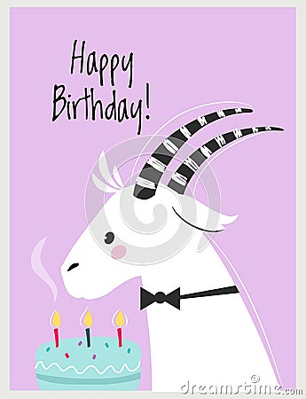 Happy Birthday Card with Horned Goat as Farm Animal and Cake with Candles as Holiday Greeting and Congratulation Vector Vector Illustration