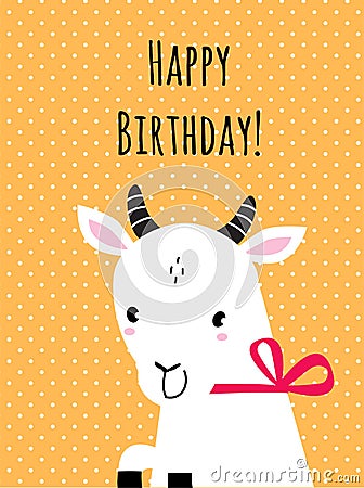 Happy Birthday Card with Horned Goat Farm Animal with Ribbon Bow on the Neck as Holiday Greeting and Congratulation Stock Photo