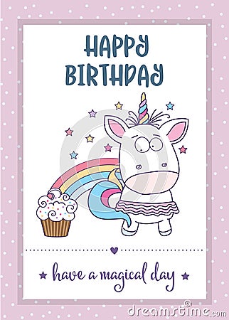 Happy birthday card with lovely baby girl unicorn Vector Illustration