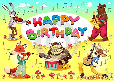 Happy Birthday card with musician animals Vector Illustration