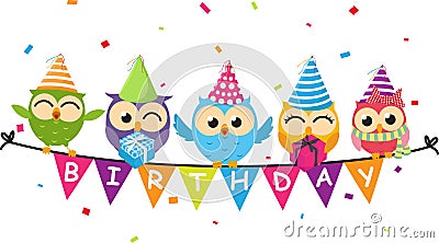 Happy birthday card with owl and bunting flag Vector Illustration