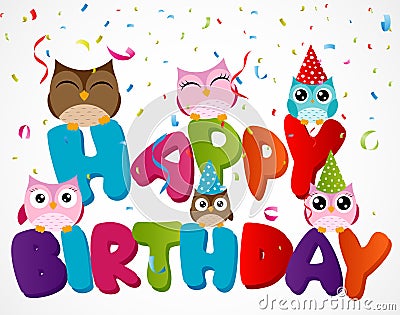 Happy birthday card with owl Vector Illustration