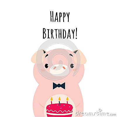 Happy Birthday Card with Pig Farm Animal and Cake with Candles as Holiday Greeting and Congratulation Vector Vector Illustration