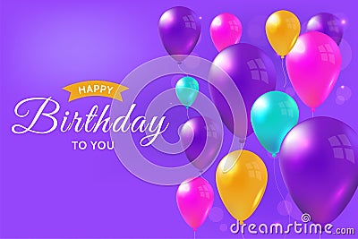 Happy birthday card with realistic colorful balloons. Celebration illustration, glossy design background Vector Illustration