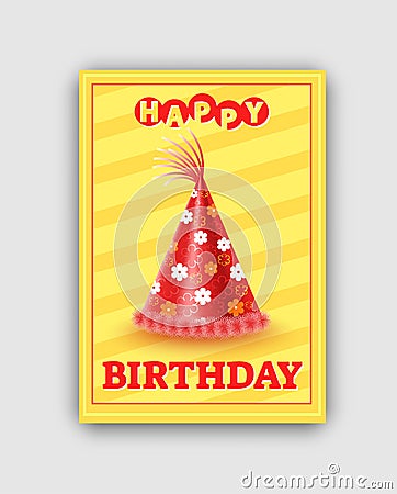 Happy Birthday Card with Red Cone Festive Hat Vector Illustration
