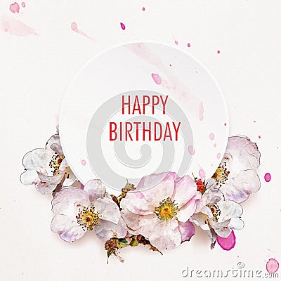 Happy birthday card with roses on watercolor background Stock Photo