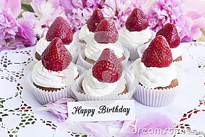 Happy Birthday Card with Strawberries Cupcakes Stock Photo