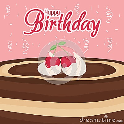 Happy birthday card with sweet cake with cherries Vector Illustration