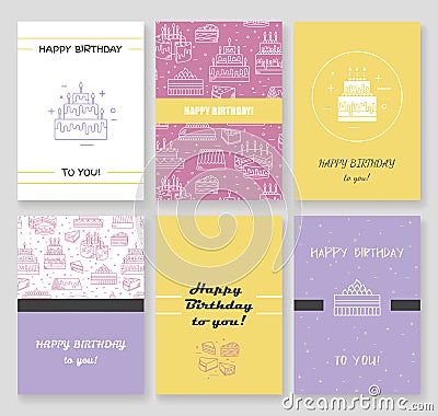 Happy birthday card template. Cake with candle vector icon line background. Sweet dessert illustration. Wedding party Vector Illustration