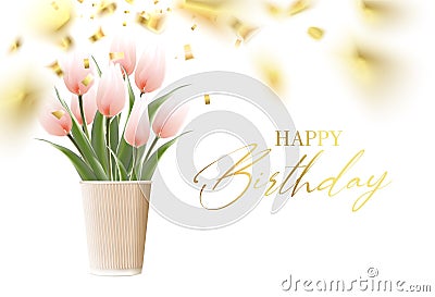 Happy birthday card template with golden confetti background. Hand drawn tulips. Tulip bouquet in paper cup vase Vector Illustration