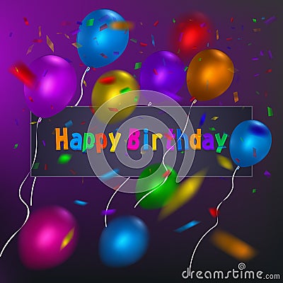 Happy Birthday card template with a purple background and colorful balloons. Vector eps 10 format. Vector Illustration