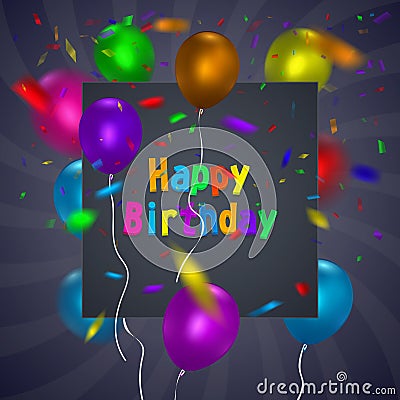 Happy Birthday card template with a purple background and colorful balloons. Vector eps 10 format. Vector Illustration