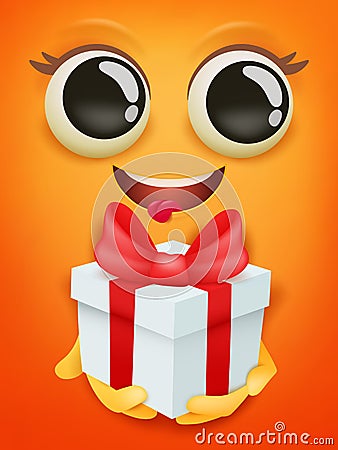 Happy birthday card template with yellow smiley face emoticon with gift box Cartoon Illustration