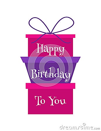Happy birthday card. Three bright presents with wish. Many colourful gifts with lettering. Template for post card Vector Illustration