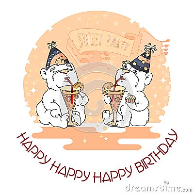 Happy Birthday card with two cute bears in party hats. Vector Illustration