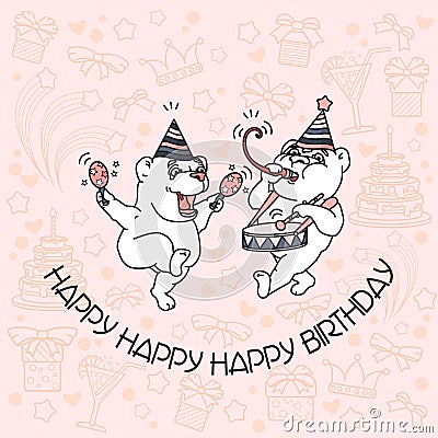 Happy Birthday card with two cute bears. Vector Illustration