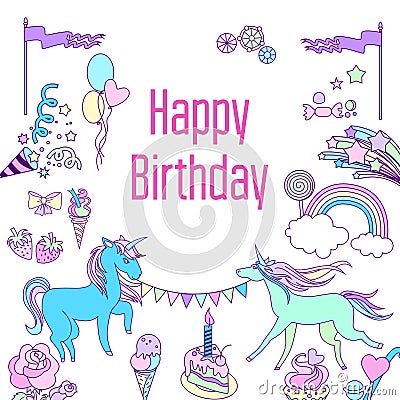 Happy birthday card with unicorn, cake, ballons, flower and strawberry Vector Illustration