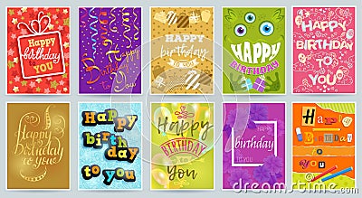 Happy birthday card vector anniversary greeting postcard with funny lettering and kids birth party invitation with gifts Vector Illustration