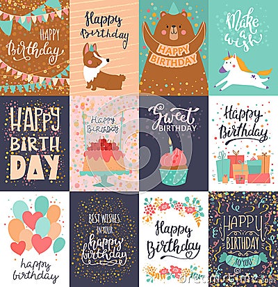 Happy birthday card vector anniversary greeting postcard with lettering and kids birth party invitation with cake or Vector Illustration