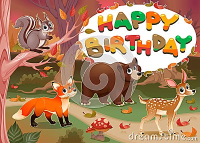 Happy Birthday card with wood animals Vector Illustration