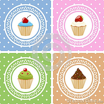 Happy Birthday Cards with Cupcakes Vector Illustration