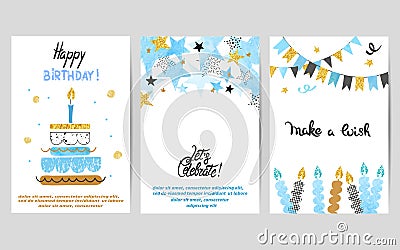 Happy Birthday cards set in blue and golden colors. Celebration vector templates with birthday cake and stars Vector Illustration