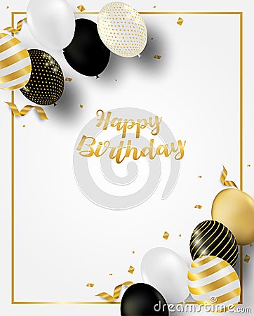 Happy Birthday celebration card. Design with black, white, gold balloons and gold foil confetti. Vector Illustration