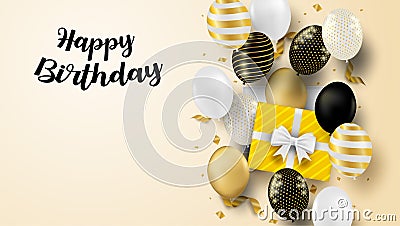 Happy Birthday celebration card. Design with black, white, gold balloons and gold foil confetti. Vector Illustration