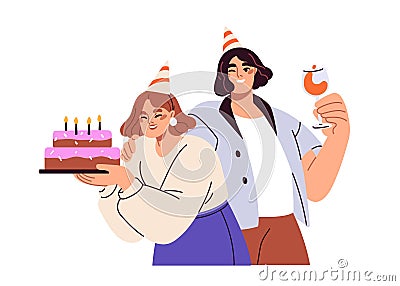 Happy birthday celebration. Joyful couple, smiling man and woman with festive bday cake, candles, wineglass. Cheerful Vector Illustration