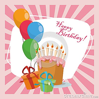 Happy birthday celebration party sweet cake gifts balloons Vector Illustration