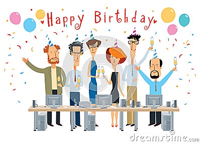 Happy Birthday. Cheerful colleagues in the office congratulate Vector Illustration