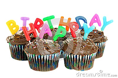 Happy Birthday Chocolate Cupcakes on White Stock Photo